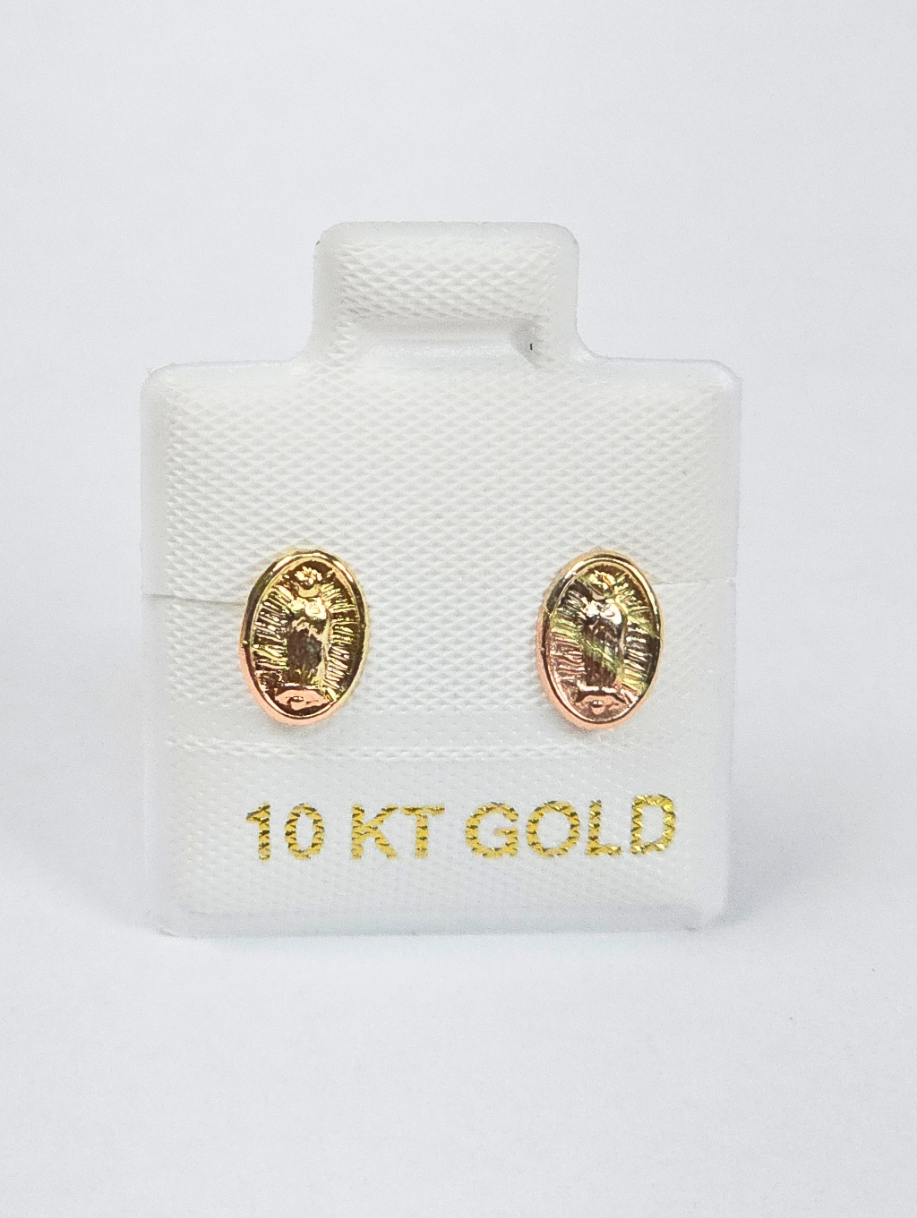 10k Solid Gold Virgen De Guadalupe Oval Stud Earring Screw Back 7.5mm Three Tone